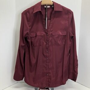 New York & Company Womens Burgundy Button‎ Dn Roll Tab Long Sleeve Shiny Shirt M